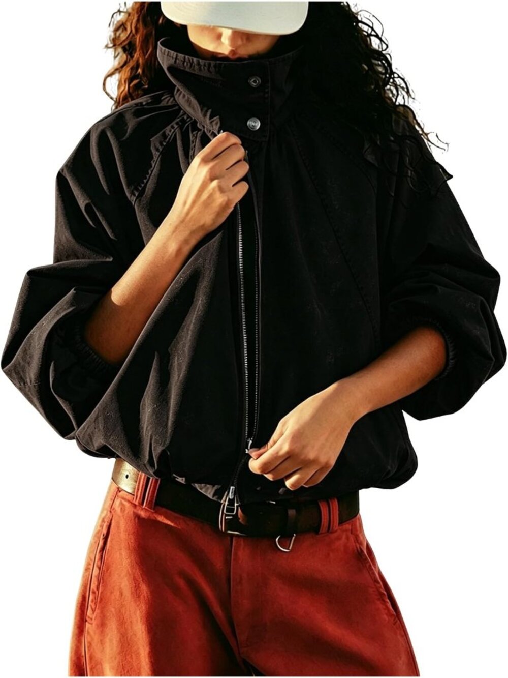 Women Black Funnel Neck Stand Collar Button Full Zip Oversized Fall Jackets